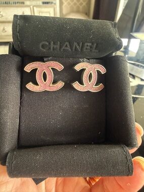 CHANEL Pink Double C Stud Earrings silver
